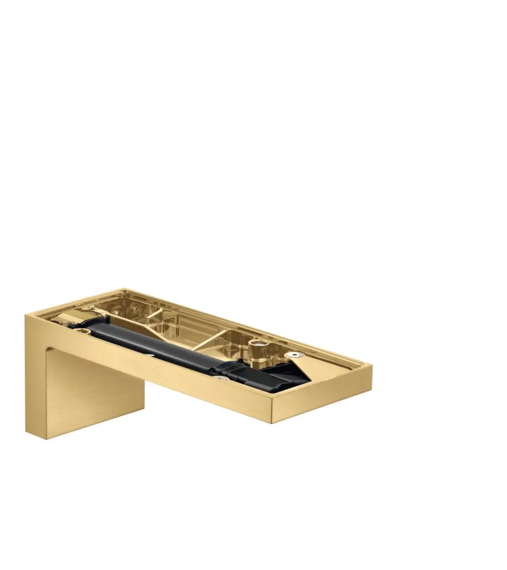 Axor Wand-Wanneneinlauf in geb brushed Gold Optik, rechteckiger Korpus mit einem schwarzen Auslauf. Design eher schlicht und funktional.